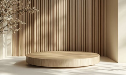 Light-filled, minimalist, wooden podium.  Natural, warm tones