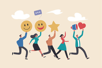 Social media customer feedback review, employee satisfaction, positive feedback on online ranking, giving high score rating, like or happy opinion concept, people carry social feedback elements.