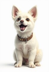 Obraz premium A small white dog with a brown collar sitting on a white surface