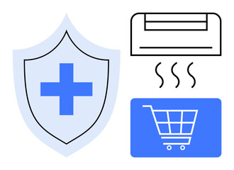 Obraz premium Blue healthcare shield with a cross, air conditioner with airflow, and digital shopping cart icon. Ideal for safety, comfort, health, e-commerce, online buying technology modern lifestyle. Clean