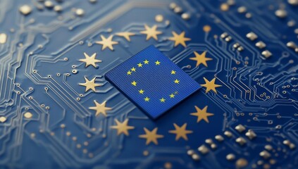 European Union's digital future.  The EU flag sits atop a complex circuit board, symbolizing the bloc's commitment to technological advancement and innovation