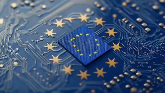 European Union's digital future.  The EU flag sits atop a complex circuit board, symbolizing the bloc's commitment to technological advancement and innovation
