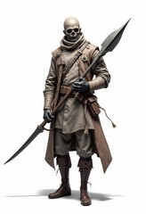 Obraz premium A man in a trench coat holding a spear and a skull