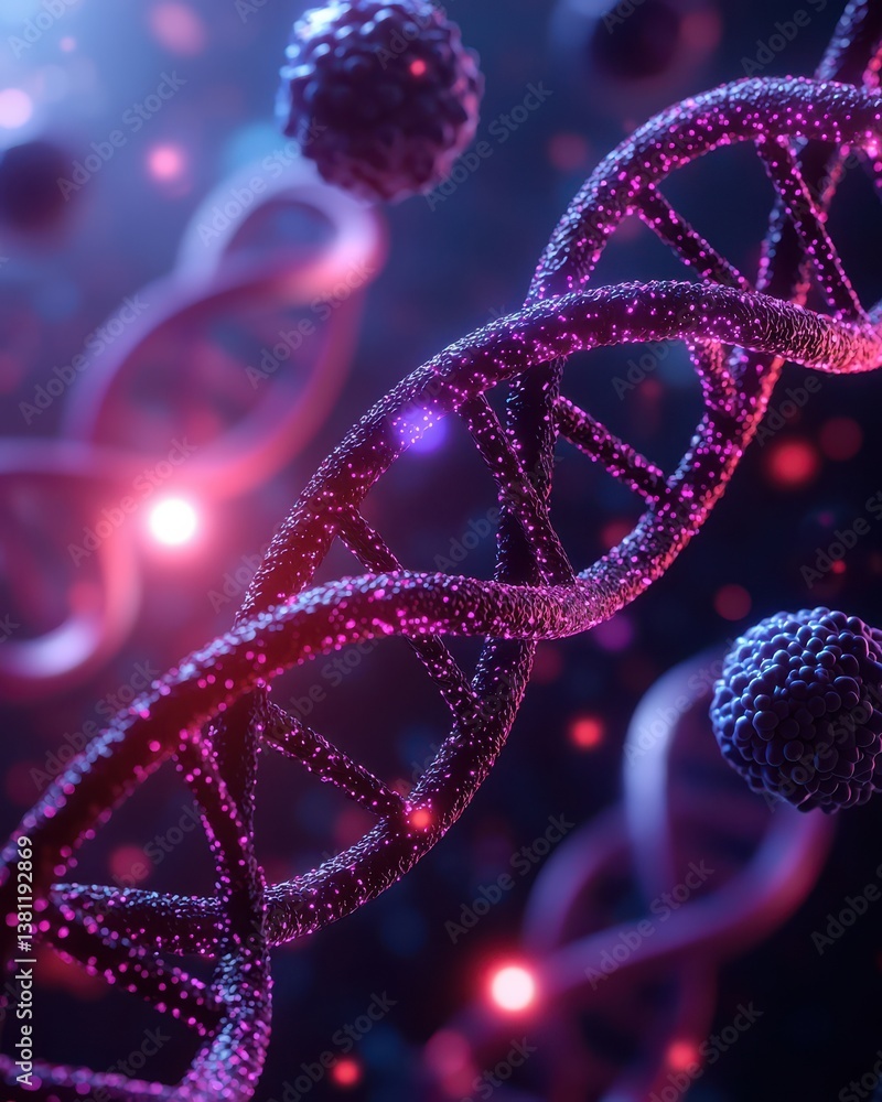 Poster a vibrant digital representation of dna strands with floating cells, showcasing the complexity of ge