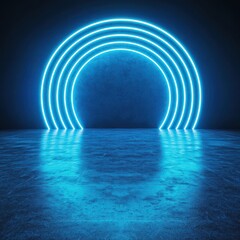 Obraz premium A striking blue neon archway illuminates a dark space, reflecting beautifully on a smooth surface, creating a futuristic ambiance.