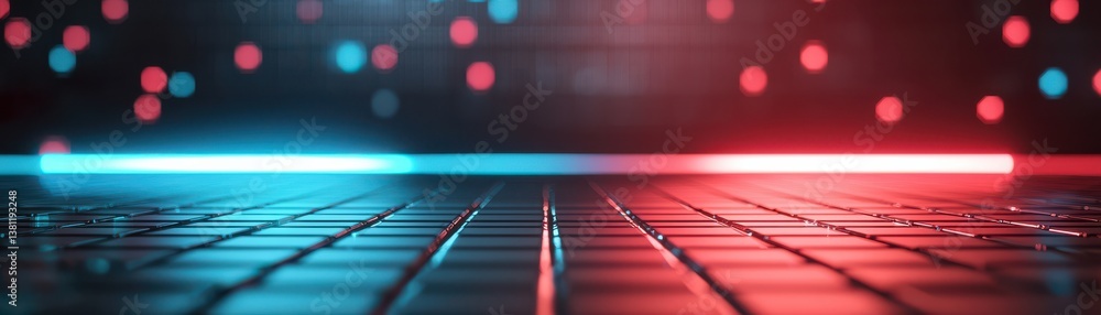 Poster a vibrant, low-angle view of illuminated blue and red lights contrasting with a grid surface, creati