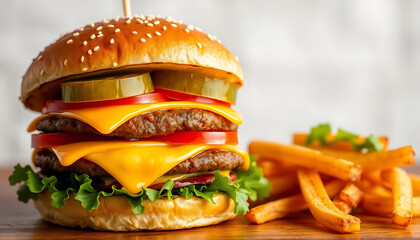 Double Cheeseburger with Pickles, Tomato, Lettuce, and Crispy Fries