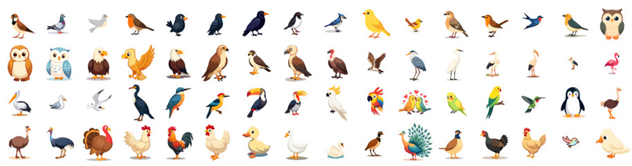 Fototapeta premium Colorful cartoon birds collection cheerful standing and flying in various poses, no background 