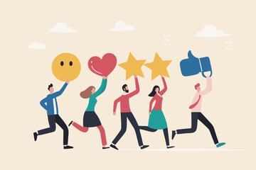Social media customer feedback review, employee satisfaction, positive feedback on online ranking, giving high score rating, like or happy opinion concept, people carry social feedback elements.