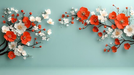 Vibrant floral border with blooming blossoms and poppies