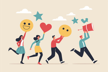 Social media customer feedback review, employee satisfaction, positive feedback on online ranking, giving high score rating, like or happy opinion concept, people carry social feedback elements.