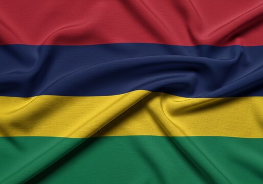 Close-up of a waving Mauritius Flag Red, Blue, Yellow and Green National Colors.