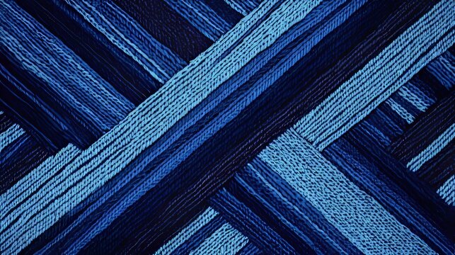 Seamless embroidery pattern with cross diagonal stitch lines, dark and light blue elements on indigo background, ideal for t-shirt, patchwork fabric, silk scarf, bandana, hats, and bag