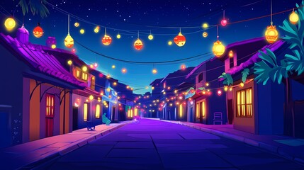 Night street scene, illuminated with lanterns