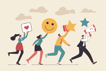 Social media customer feedback review, employee satisfaction, positive feedback on online ranking, giving high score rating, like or happy opinion concept, people carry social feedback elements.