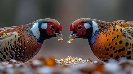 Pair of pheasants eating, facing each other, detailed plumage, blurred background
