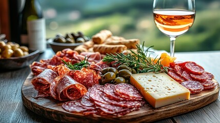 Gourmet charcuterie board with wine