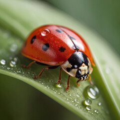 Obraz premium Macro Photo of a Ladybug on a Green Leaf
