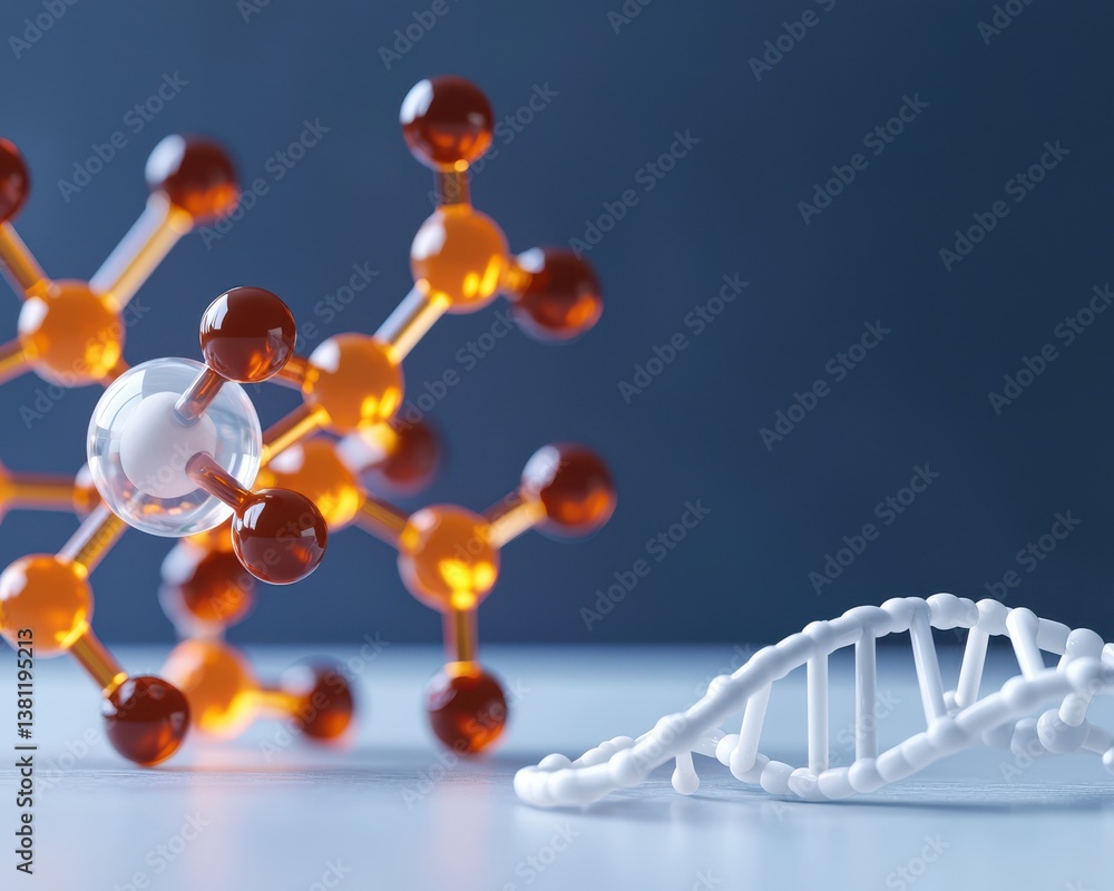 Poster a molecular structure and a dna model showcase the intersection of chemistry and genetics in a moder