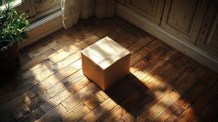 Sunlit Cardboard Box on Rustic Wooden Floor