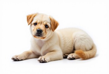 Obraz premium A small yellow puppy laying down on a white background