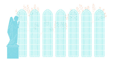 Statue of an angel with high windows on a background in church, illustration isolated on white background