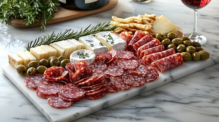 Gourmet cheese and charcuterie board.  A selection of cheeses, cured meats, olives, and crackers arranged beautifully on a marble board.  Fresh rosemary sprigs add a touch of elegance