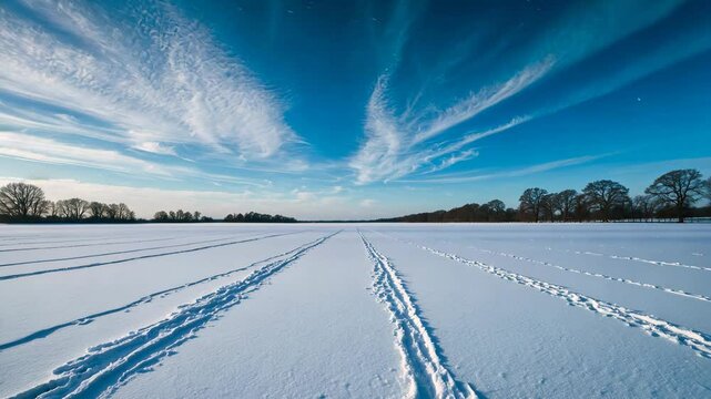 Fox tracks on a snowy field beneath a windy sky