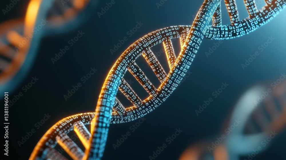 Poster a vibrant, digital depiction of dna strands intertwined with binary code, representing the fusion of