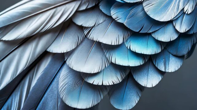 Fragment of bird wings in silver hue for the background. Feather texture.