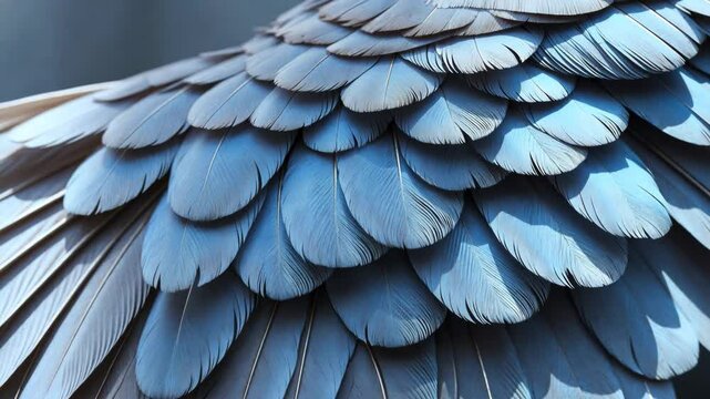 Fragment of bird wings in silver hue for background. Feather texture.
