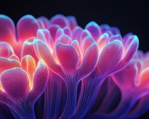 Obraz premium A vibrant, abstract depiction of glowing, colorful flowers with intricate details against a dark background.