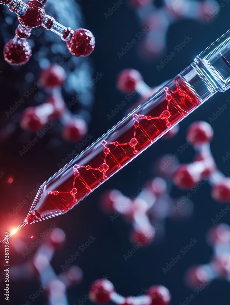 Poster a close-up of a syringe filled with red liquid, surrounded by molecular structures, highlighting the