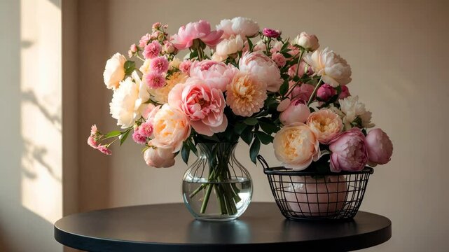 Fresh arrangement of rose flowers displayed in a glass vase on a table. Close-up of blossoms with a basket. Interior decoration.