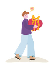 Vector illustration on a white background. A cute boy in a purple sweater and blue jeans is carrying a gift box with a heart-shaped bow.