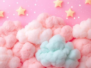 Fototapeta premium Soft, pastel-colored cotton candy clouds against a pink background, adorned with yellow star decorations, creating a whimsical and dreamy atmosphere.