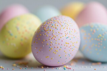 Fototapeta premium Pastel-colored easter eggs with sprinkles close-up
