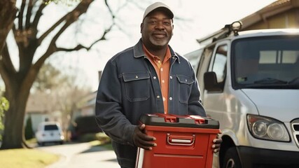 Portrait of a confident tradesperson carrying his toolbox, ready for work, with his van parked on a residential street