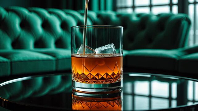 New cocktail glass on a glass table. Alcohol cocktail beverage, close-up. Vintage alcoholic drink.