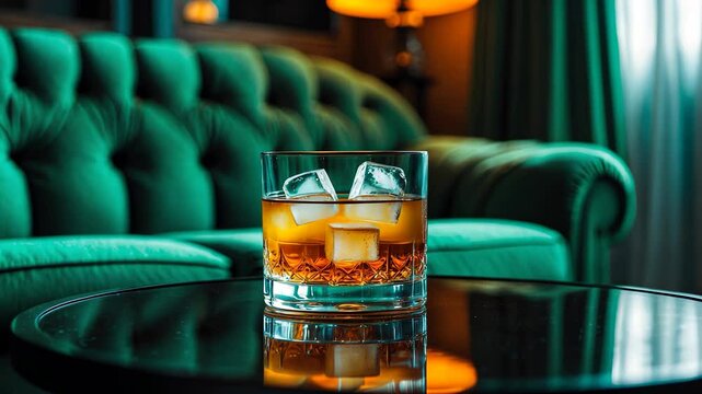 New cocktail glass on a glass surface. Alcoholic drink in a cocktail, close-up. Vintage alcoholic beverage.