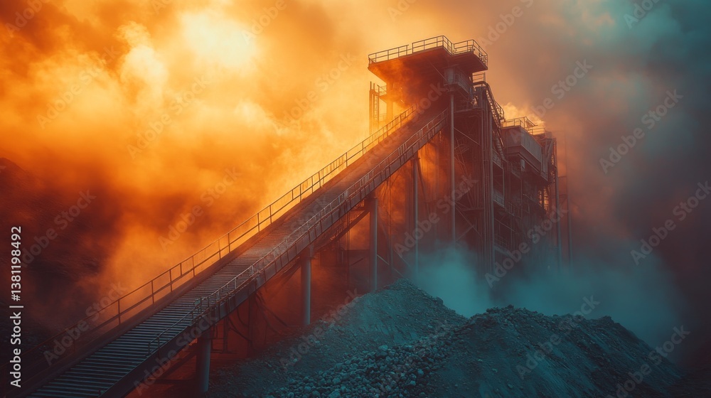 Poster heavy machinery and conveyor systems are visible at a mineral extraction site, surrounded by dust an