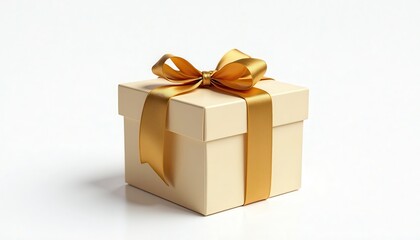 Luxurious White Gift Box Decorated with Golden Ribbon and Bow on a Pure White Background. A white gift box with a golden ribbon and bow.
