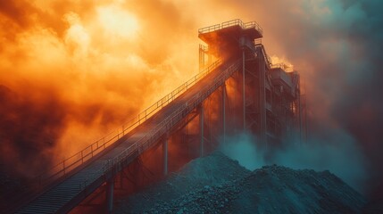Heavy machinery and conveyor systems are visible at a mineral extraction site, surrounded by dust and vibrant colors, indicating active mining and processing of raw materials in progress.