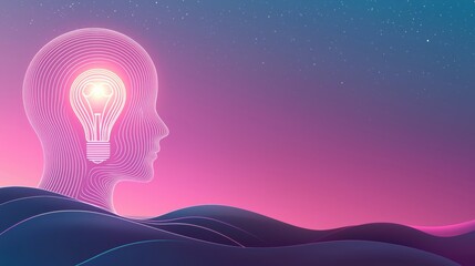 Mind Minimalist line art of a human head with a light bulb inside representing innovation