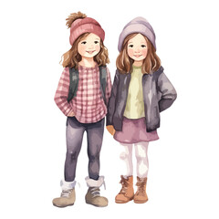 watercolor A Girlfriends wearing matching outfits