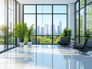 Fototapeta premium Modern Office Hallway with Indoor Plants and Window Overlooking Skyscrapers — Contemporary Business Interior