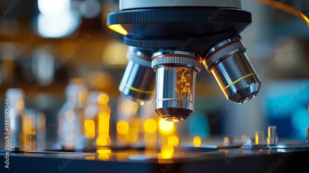 Poster under the soft glow of sunset, a modern microscope reveals intricate details of prepared slides, hig
