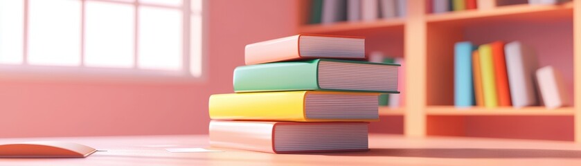 A stack of colorful books on a desk, with a cozy room and bookshelf in the background, emphasizing a serene study environment.
