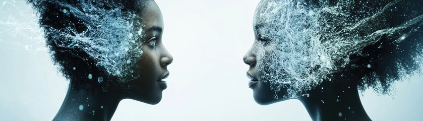 Two profiles face each other, featuring ethereal, flowing designs merging with their hairstyles, suggesting creativity and connection.