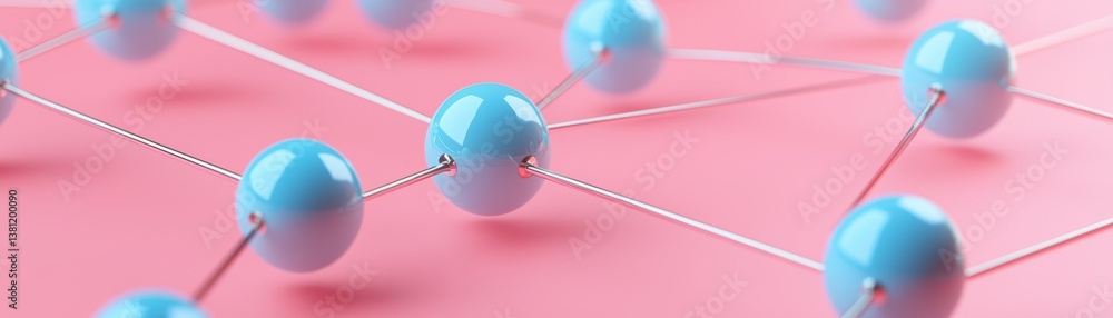 Poster a close-up view of interconnected blue spheres on a pink background, symbolizing networking or molec